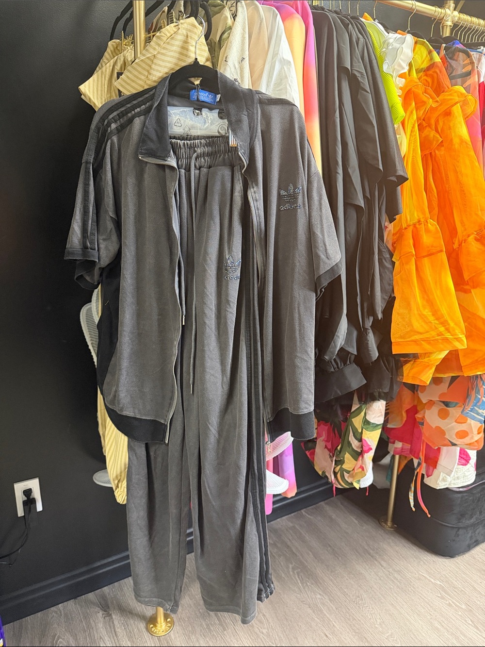 adidas Charcoal Gray Velour Two-Piece Tracksuit